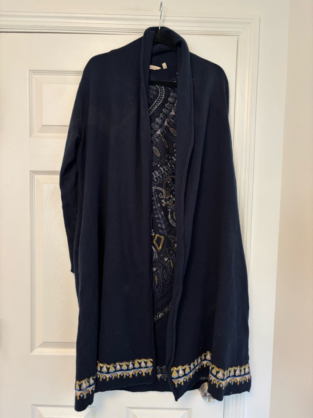 Soft Surroundings Navy Embroidered Long Duster Cardigan Sweater Size M Boho - Picture 10 of 11